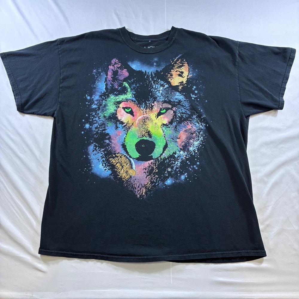 Liquid Blue Mens XXL Black Cosmic Wolf Graphic T-Shirt Celestial Neon Nature Tee
